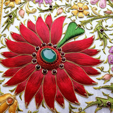 Load image into Gallery viewer, Silk floral embroidered large keepsake box, close up view of red flower. 
