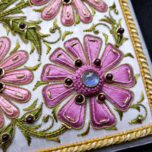 Load image into Gallery viewer, Beautiful hand embroidered statement large bridal keepsake box, close up view of pink flower.
