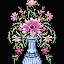 Load image into Gallery viewer, Pink flowers in flower vase embroidered on black velvet tapestry. 
