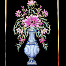 Load image into Gallery viewer, Hand embroidered pink silk flowers in blue flower vase, with amethyst cabochon. 
