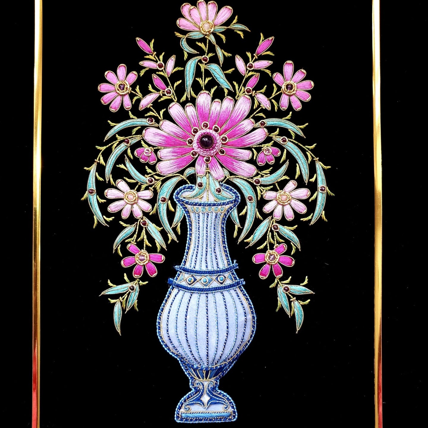 Hand embroidered pink silk flowers in blue flower vase, with amethyst cabochon. 