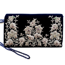 Load image into Gallery viewer, Luxury navy velvet clutch embroidered with antique silver flowers, zardozi purse. 
