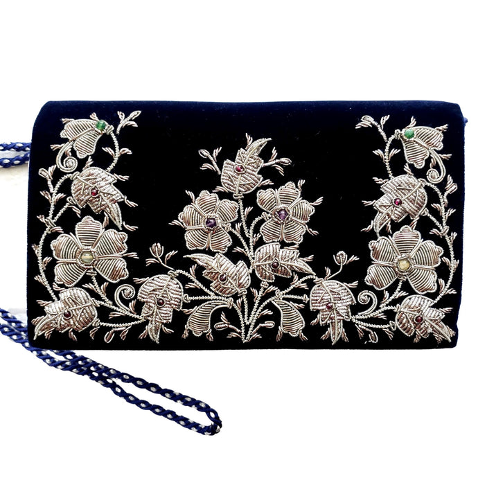Luxury navy velvet clutch embroidered with antique silver flowers, zardozi purse. 