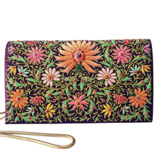 Load image into Gallery viewer, Hand embroidered purple silk handbag with multicolor silk flowers and orange lotus..

