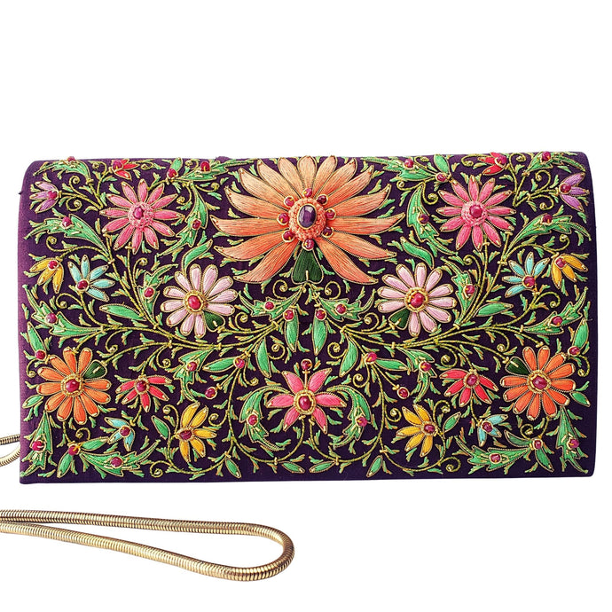 Hand embroidered purple silk handbag with multicolor silk flowers and orange lotus..