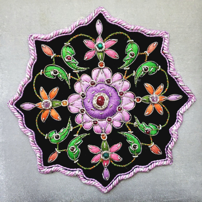 Luxury hand embroidered grey velvet keepsake box embroidered with pink and purple silk flowers. 