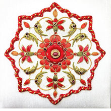Load image into Gallery viewer, Luxury white silk bridal keepsake box with embroidered red medallion and inlaid with ruby.
