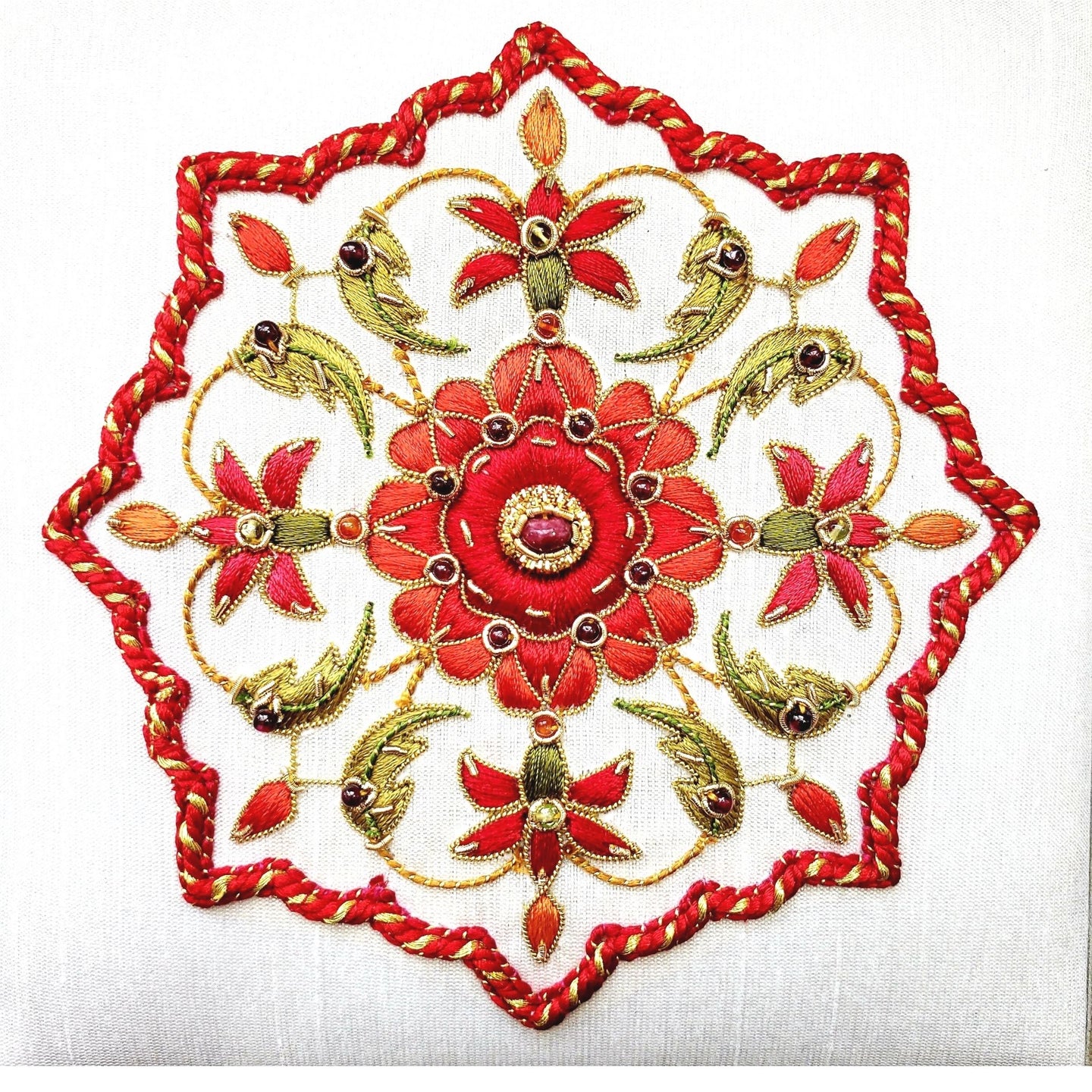 Luxury white silk bridal keepsake box with embroidered red medallion and inlaid with ruby.