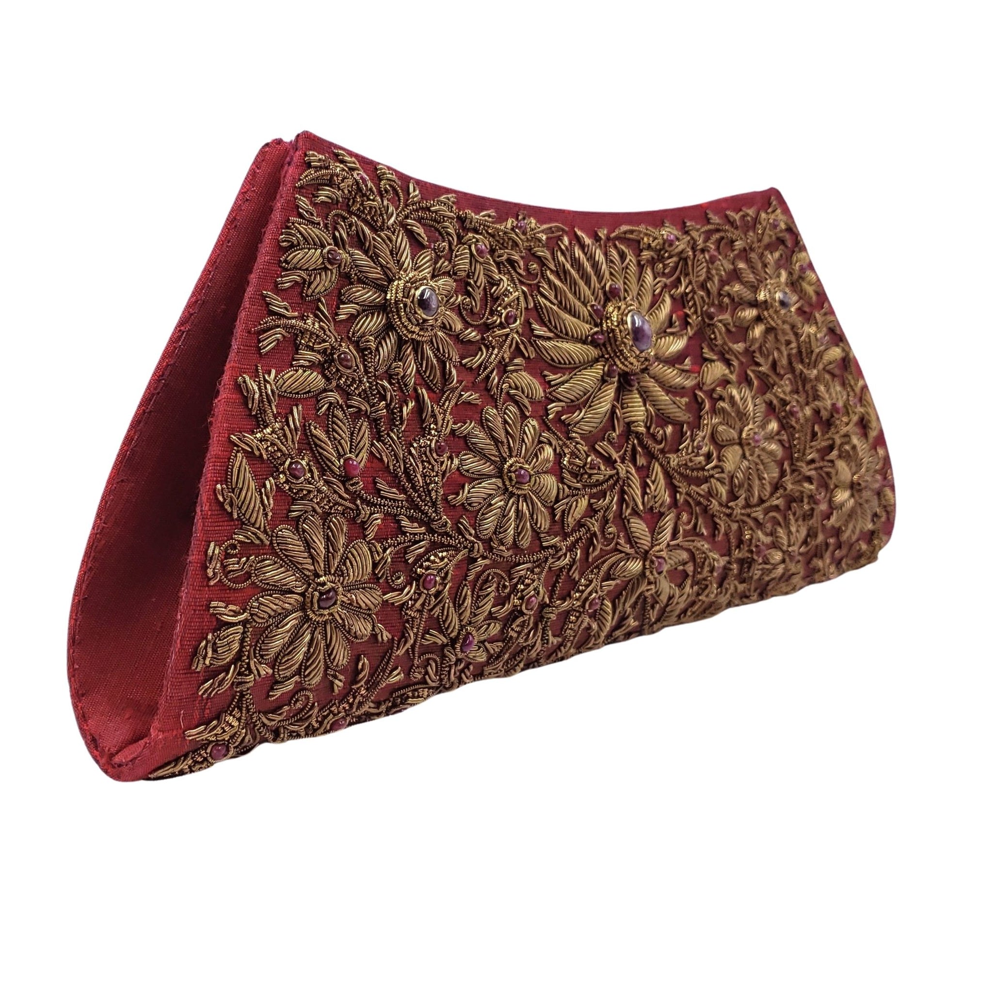 Creative Red Zardozi Clutch Purse from Indian Hand Embroidery Artisans | Maroon  Clutch Bag | Christmas Bag for Gift - Zardouzee