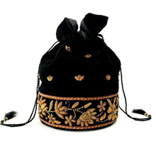 Load image into Gallery viewer, Luxury black velvet bucket bag embroidered with copper colored flowers, zardozi handbag. 
