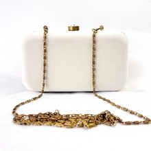 Load image into Gallery viewer, Ivory velvet box clutch minaudiere embroidered with red silk flowers and embellished with emeralds, rear view, chain strap. 

