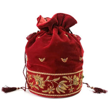 Load image into Gallery viewer, Red velvet Indian wedding bridal zardozi potli bag. 
