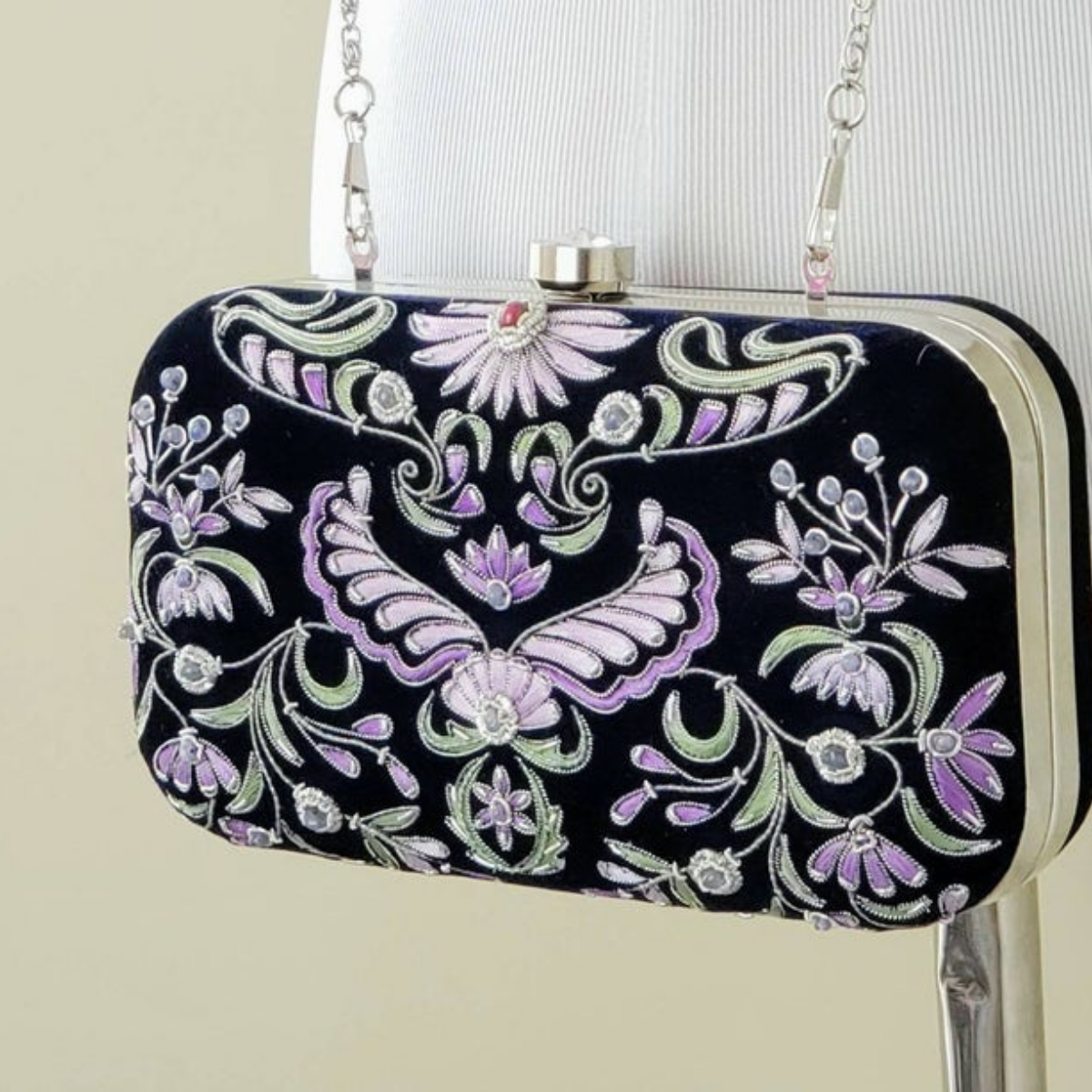 Luxury evening bag in navy velvet with lavender purple flowers and inlaid with semi precious stones, jewel purse. 