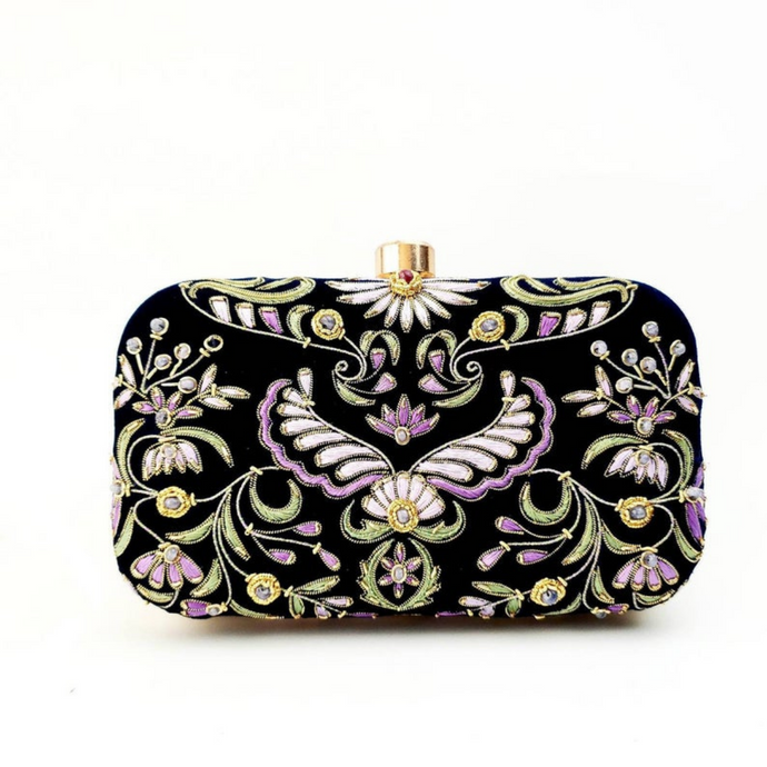 Navy blue luxury box clutch minaudiere embroidered with lavender flowers and Wings of Isis, embellished with aqua chalcedony stones and star ruby, zardozi purse. 