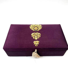 Load image into Gallery viewer, Pen storage box purple embroidered with gold design. 
