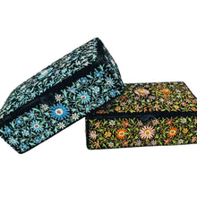 Load image into Gallery viewer, Two decorative hand embroidered velvet boxes, one with blue flowers, the other with multicolor pink and orange flowers, embellished with semi precious gemstones, zardozi box. 
