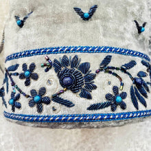 Load image into Gallery viewer, Luxury hand embroidered gray velvet bag with bead work , close up view. 
