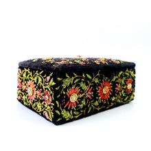 Load image into Gallery viewer, Vintage inspired black and red embroidered luxury velvet jewelry box.
