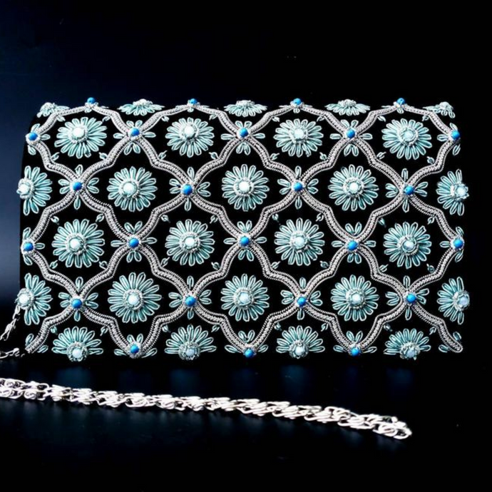 Designer black velvet evening clutch bag embroidered with blue flowers and inlaid with turquoise stones, zardozi purse. 