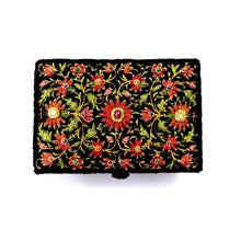 Load image into Gallery viewer, Luxury black velvet jewelry storage box embroidered with red flowers and semi precious gemstones and ruby, zardozi box.
