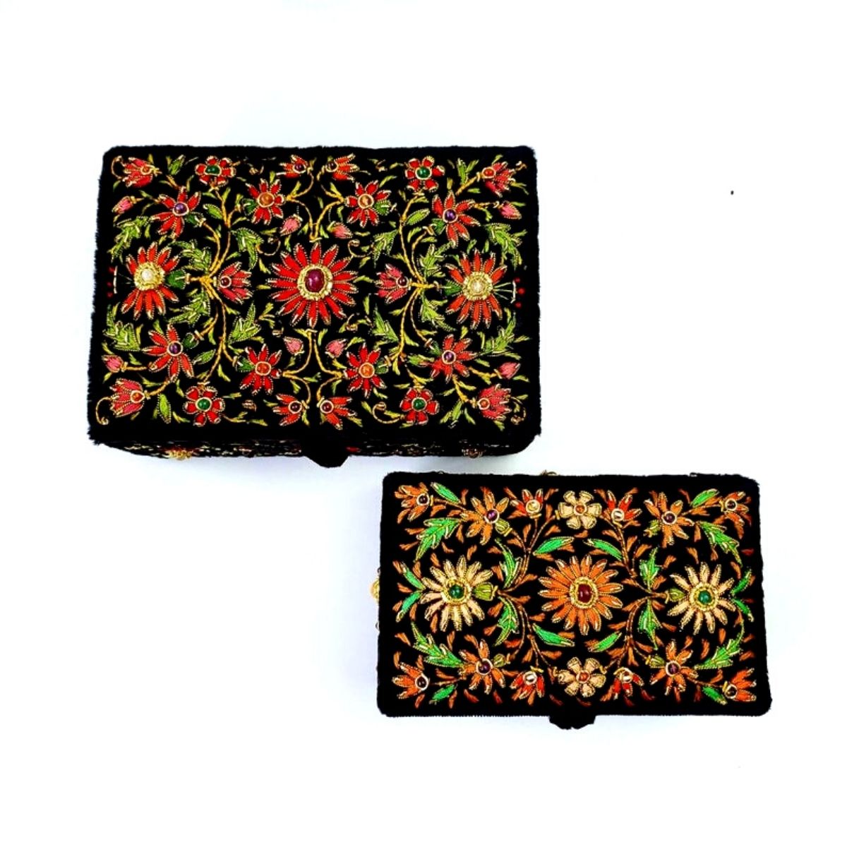 Two hand embroidered black velvet memory boxes, one red flowers, the other orange flowers., inlaid with semi precious gemstones. 