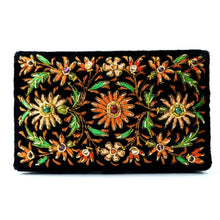 Load image into Gallery viewer, Vintage inspired black velvet keepsake box embroidered with orange flowers and inlaid with semi precious stones, zardozi box. 
