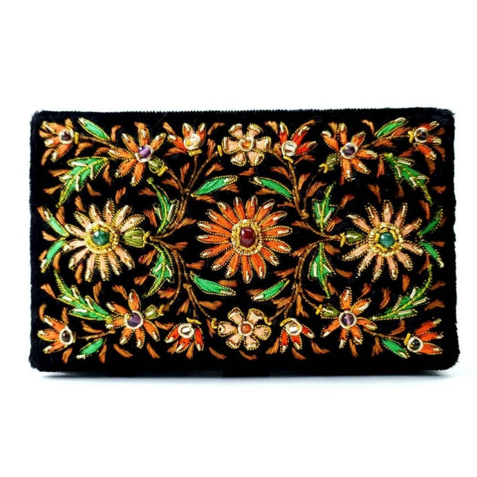 Vintage inspired black velvet keepsake box embroidered with orange flowers and inlaid with semi precious stones, zardozi box. 