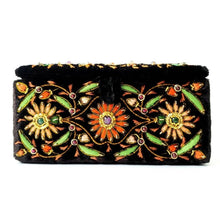 Load image into Gallery viewer, Luxury black velvet jewelry storage box embroidered with orange flowers and star ruby, zardozi box. 
