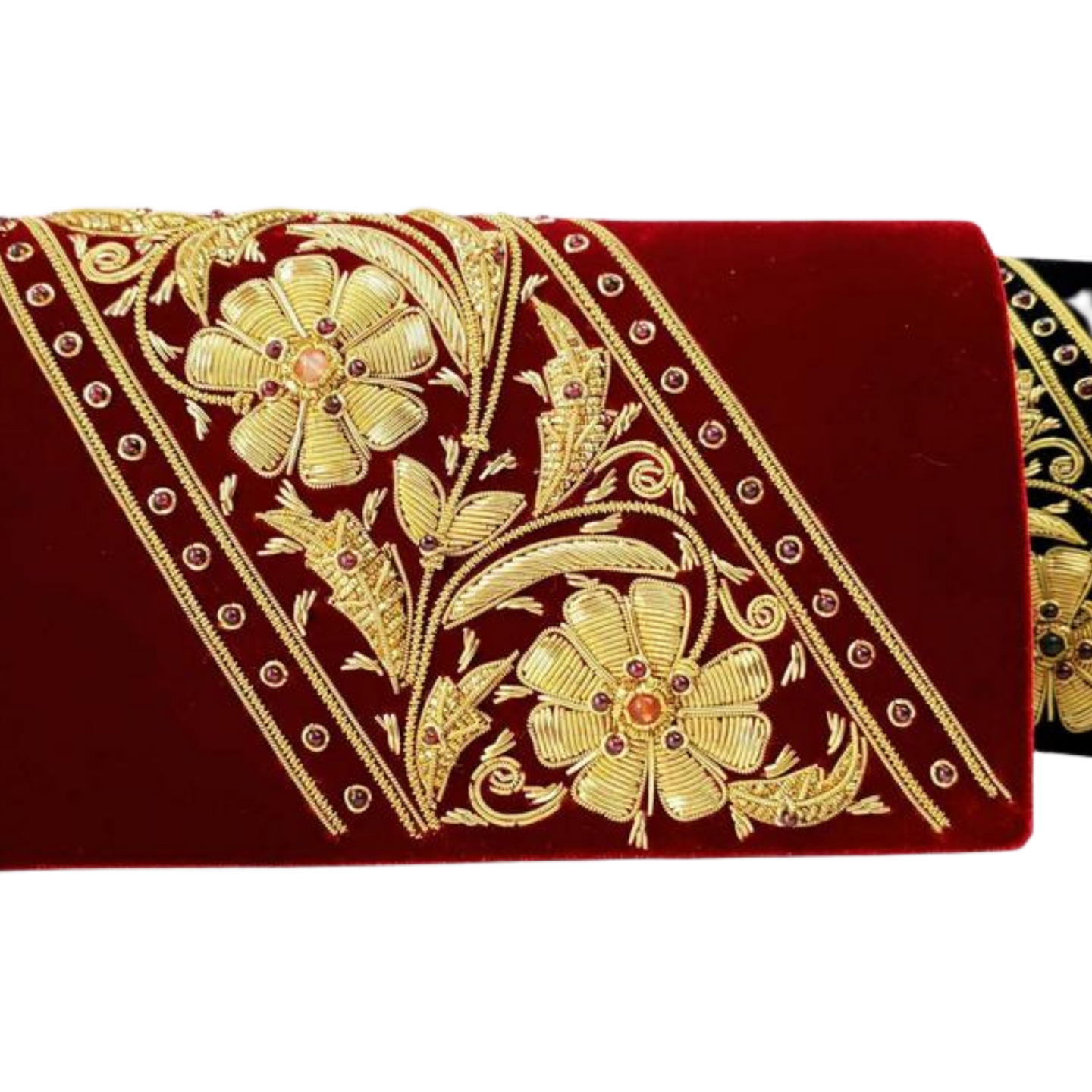 Luxury burgundy red velvet evening  clutch bag embroidered with two large gold flowers on  the bias, and embellished with genuine gemstones, floral wedding clutch, red and gold zardozi purse.