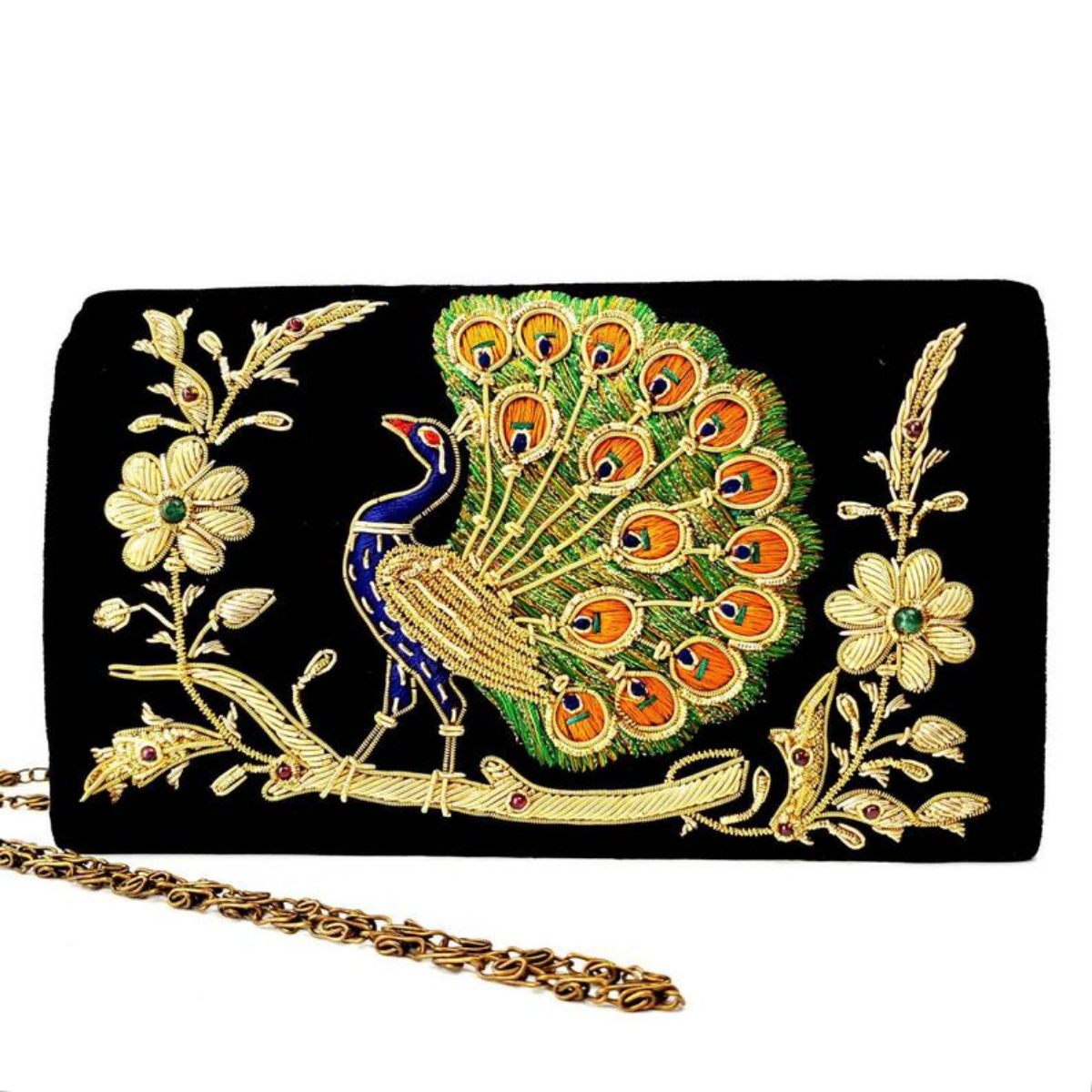 Peacock Embroidered Velvet Clutch Bag, Side View