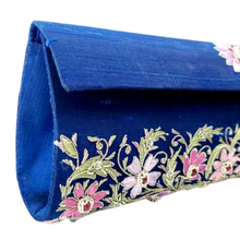Load image into Gallery viewer, Embroidered Blue and Lavender Silk Floral Rectangle Clutch with Emerald and Rubies

