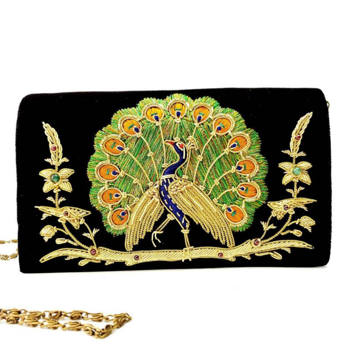 Peacock Embroidered Clutch Bag, Front View