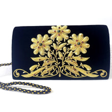Load image into Gallery viewer, Luxury black velvet evening clutch bag embroidered with gold work and embellished with garnet gemstones, zardozi purse.
