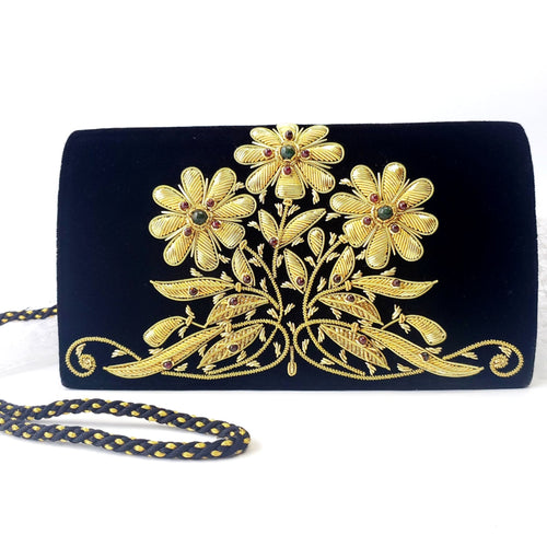 Luxury black velvet evening clutch bag embroidered with gold work and embellished with garnet gemstones, zardozi purse.