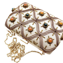 Load image into Gallery viewer, Designer gold box clutch embroidered with copper and embellished with jade and carnelian gemstones.
