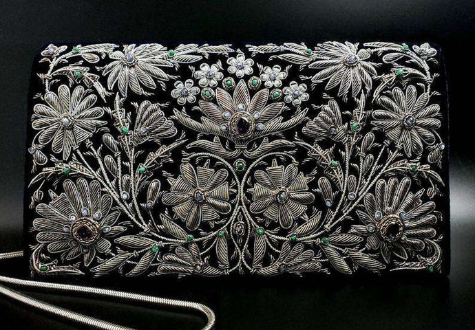 Embroidered Antique Silver Metallic Evening Bag with Amethyst BoutiqueByMariam