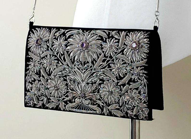 Embroidered antique silver metallic evening bag with amethyst, BoutiqueByMariam.