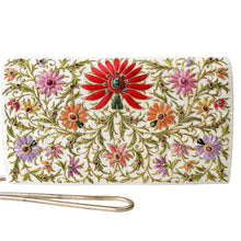 Load image into Gallery viewer, Embroidered Ivory Silk Crossbody Handbag with Emerald and Star Ruby
