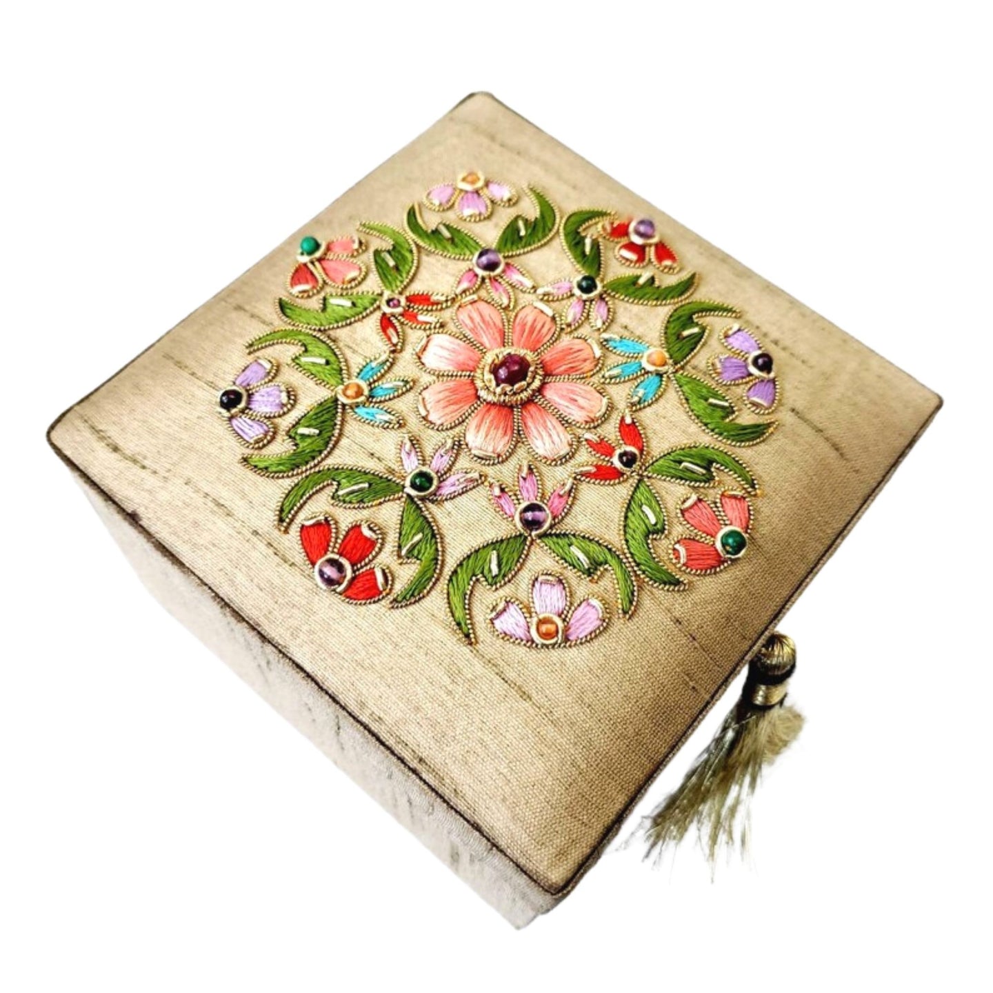 Embroidered beige gold floral jewelry storage box ring box BoutiqueByMariam.