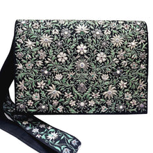 Load image into Gallery viewer, Embroidered black iPad case briefcase with strap with gray flowers BoutiqueByMariam.
