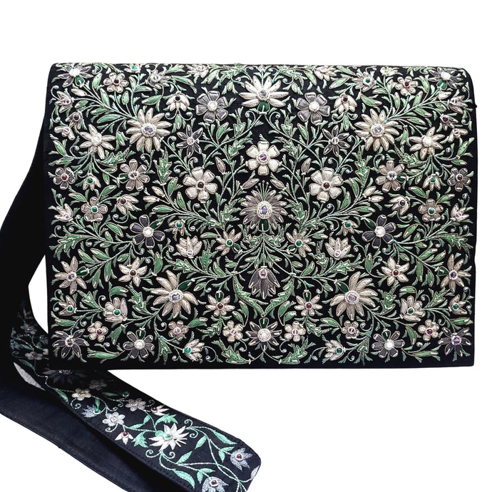 Embroidered black iPad case briefcase with strap with gray flowers BoutiqueByMariam.