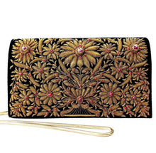 Load image into Gallery viewer, Embroidered black velvet metallic copper evening bag with rubies. 
