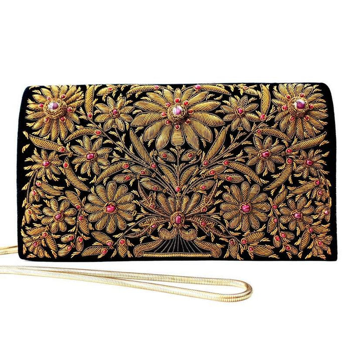 Embroidered black velvet metallic copper evening bag with rubies. 