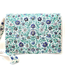 Load image into Gallery viewer, Embroidered blue and gray flowers on ivory silk iPad briefcase with strap BoutiqueByMariam.
