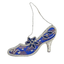 Load image into Gallery viewer, Embroidered blue and silver womens shoe Christmas ornament BoutiqueByMariam.

