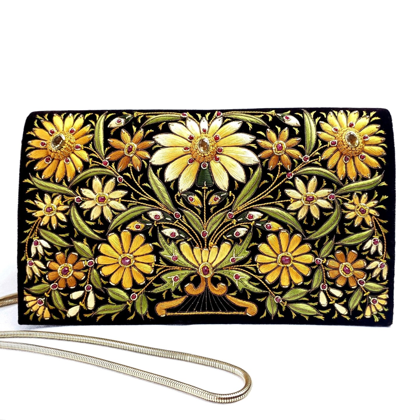 Embroidered brown velvet handbag with yellow flowers and citrine and ruby gemstones BoutiqueByMaryam.