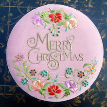Load image into Gallery viewer, Embroidered dusty rose velvet round gift box with Merry Christmas in gold calligraphy BoutiqueByMariam.
