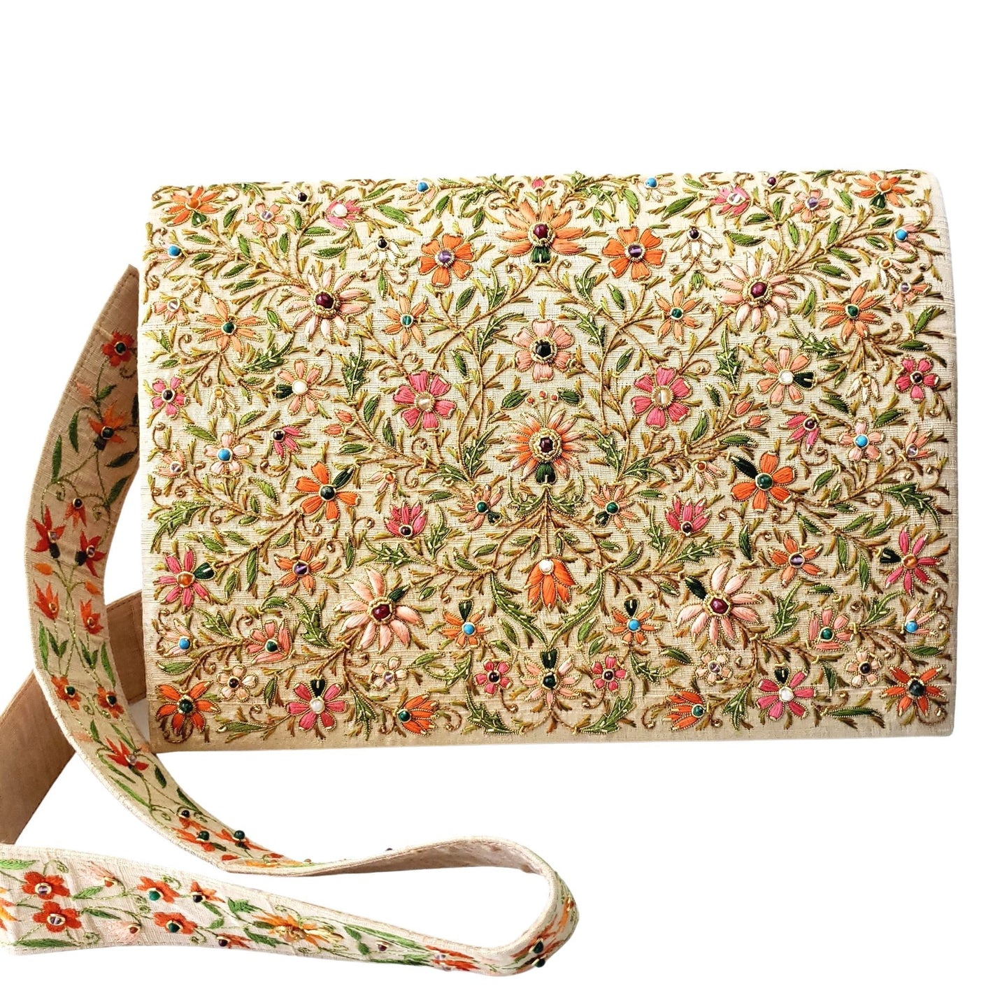 Embroidered floral orange and gold iPad case briefcase with shoulder strap BoutiqueByMariam.