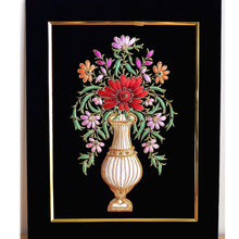 Load image into Gallery viewer, Embroidered multicolor silk floral wall art on black velvet BoutiqueByMariam. 
