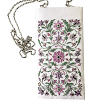 Load image into Gallery viewer, Embroidered pink floral white silk crossbody phone bag, phone sleeve, BoutiqueByMariam. 

